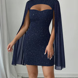 Glitter Cutout Cape Mini Dress