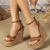 Open Toe High-Heeled Braided Wedge Sandals