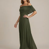 Off Shoulder Ruched Mesh Maxi Dress with Flowing Skirt