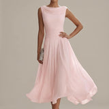 Sleeveless Pleated Midi Dress with Draped Neckline