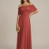 Off Shoulder Ruched Mesh Maxi Dress with Flowing Skirt