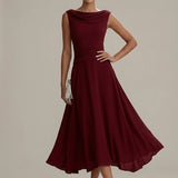 Sleeveless Pleated Midi Dress with Draped Neckline