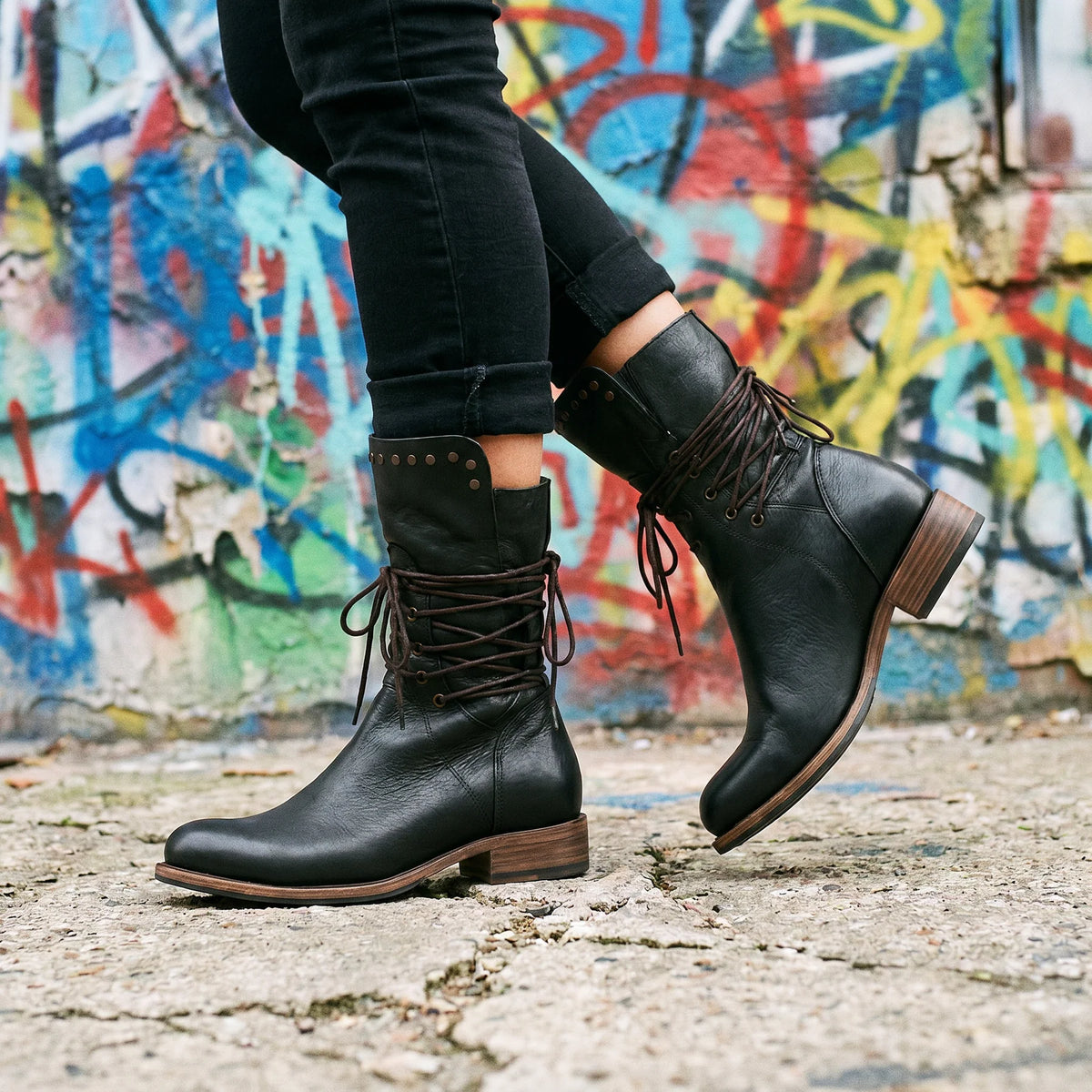 Studded Lace-Up Mid-Calf Boots