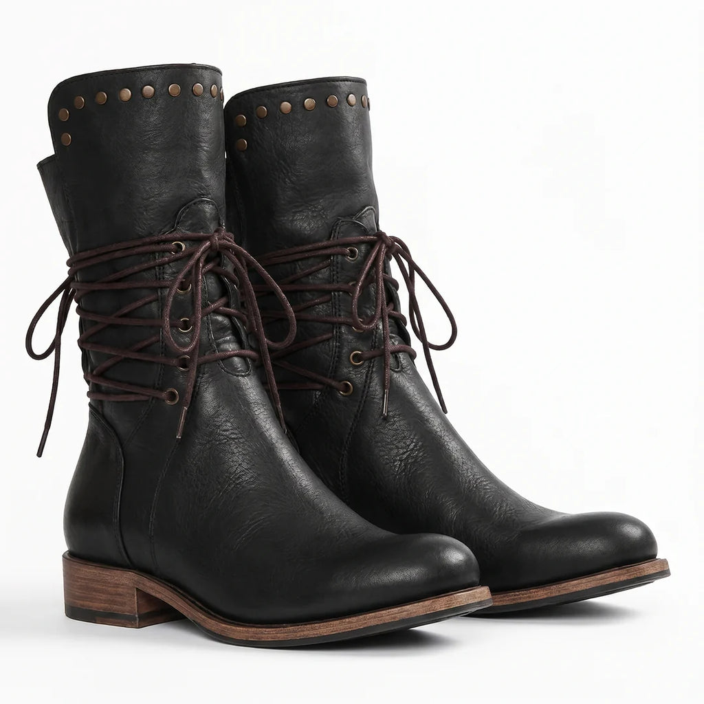 Studded Lace-Up Mid-Calf Boots