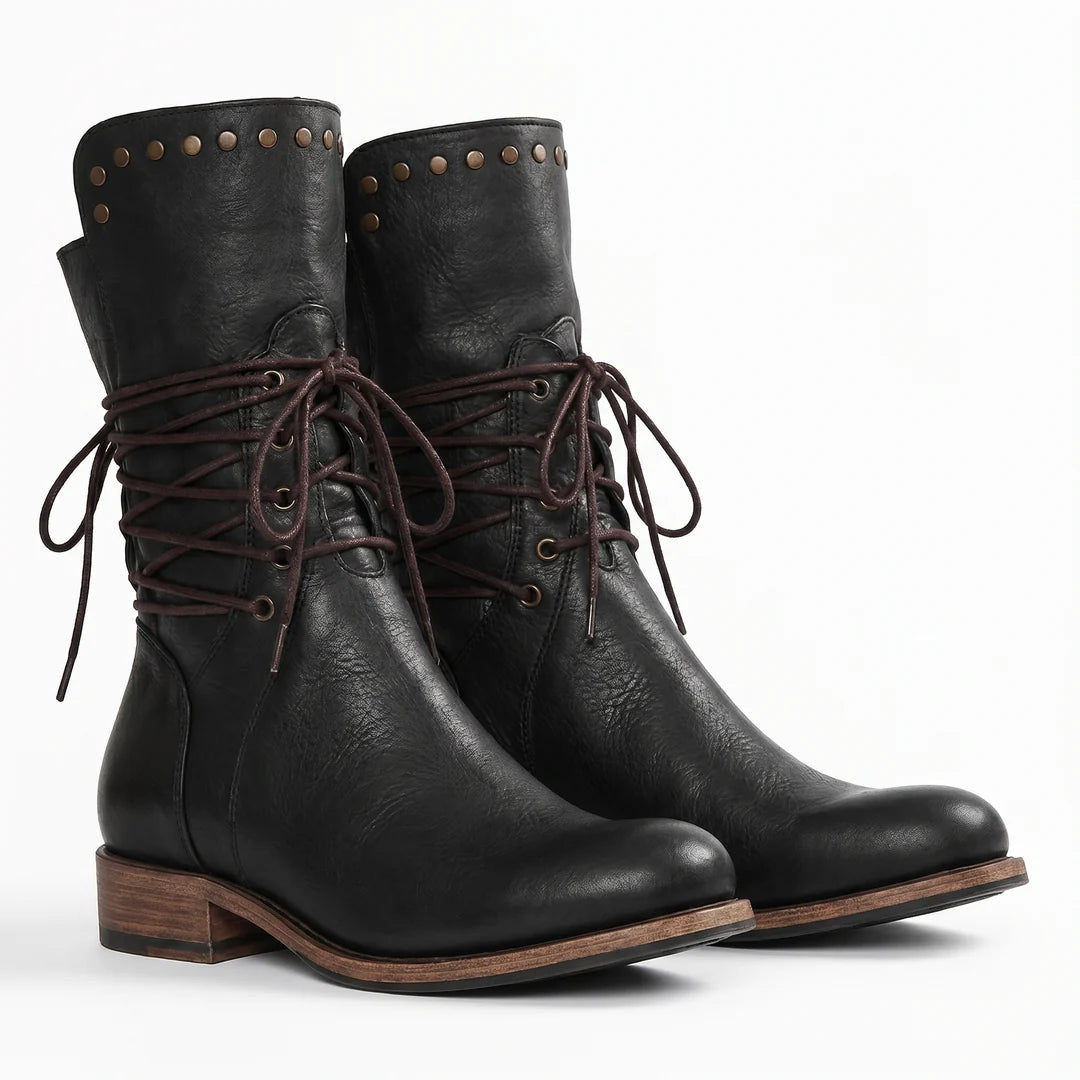 Studded Lace-Up Mid-Calf Boots