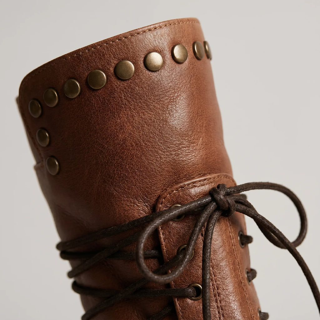 Studded Lace-Up Mid-Calf Boots