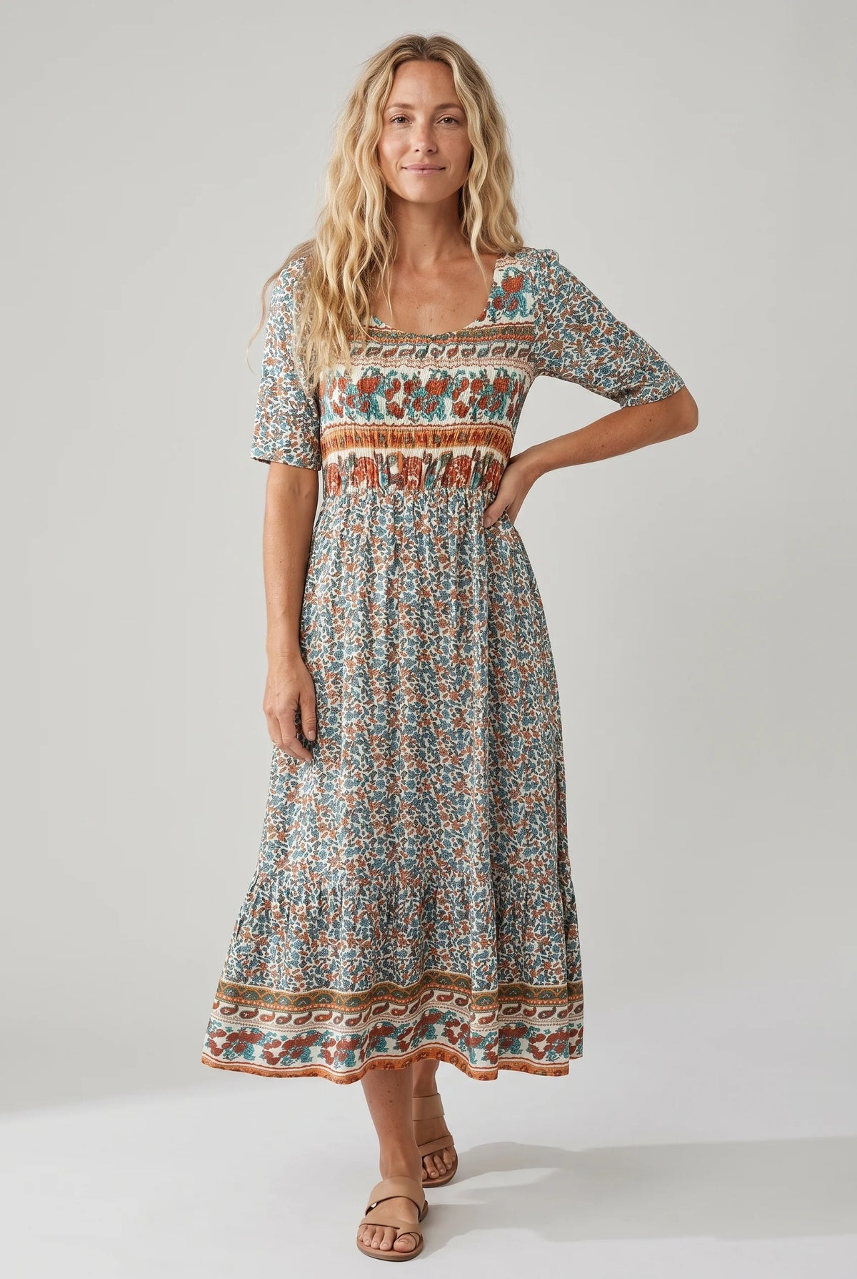Boho Print Square Neck Tiered Midi Dress