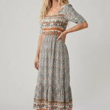 Boho Print Square Neck Tiered Midi Dress