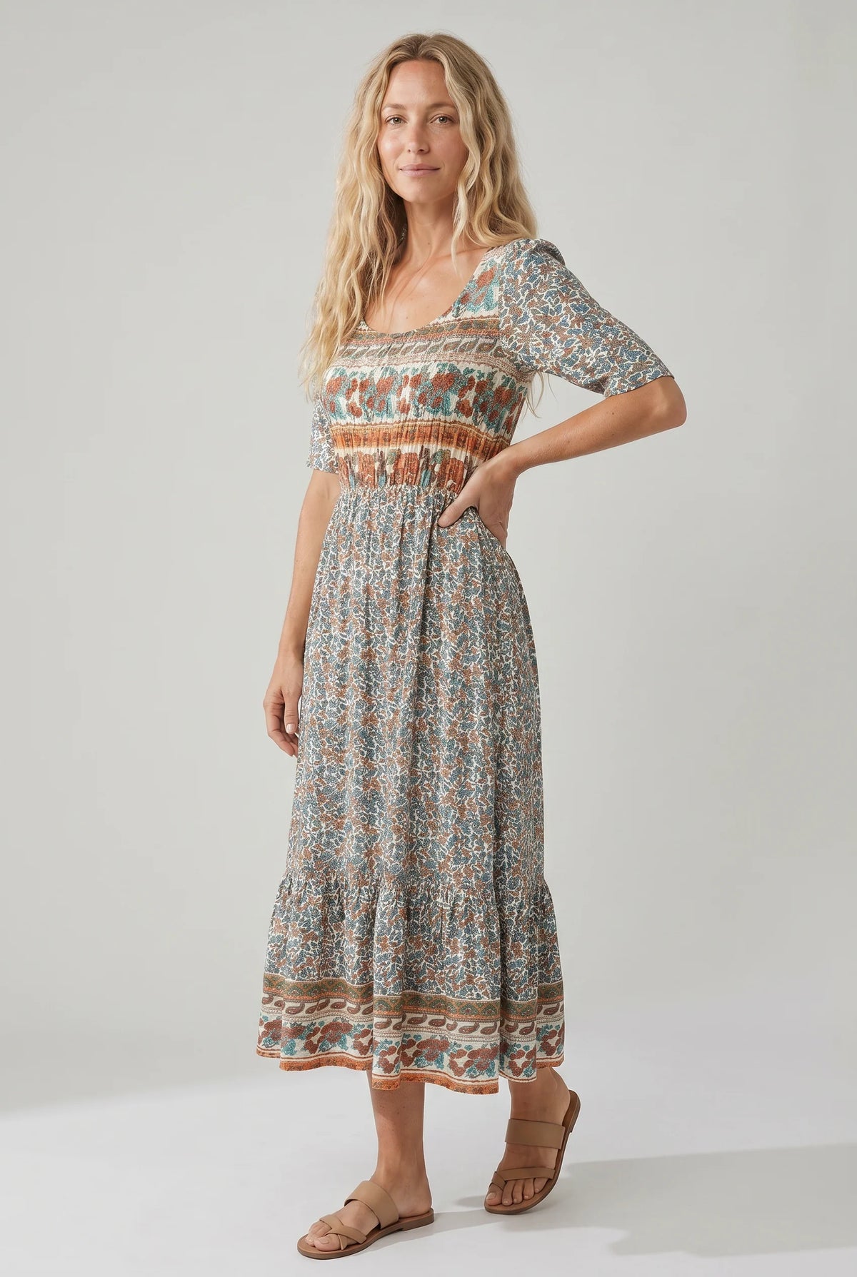 Boho Print Square Neck Tiered Midi Dress
