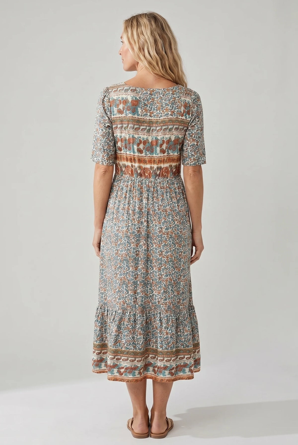 Boho Print Square Neck Tiered Midi Dress