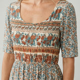 Boho Print Square Neck Tiered Midi Dress