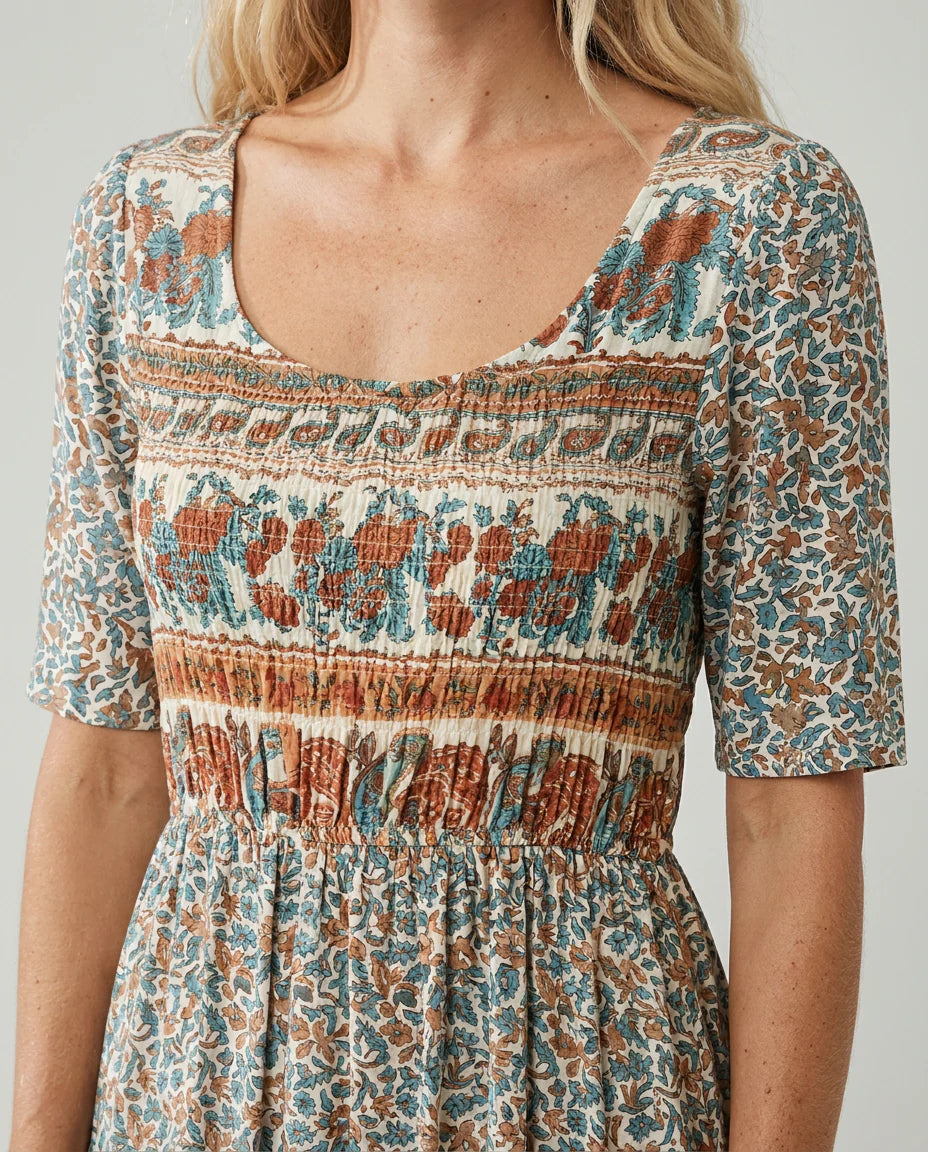 Boho Print Square Neck Tiered Midi Dress