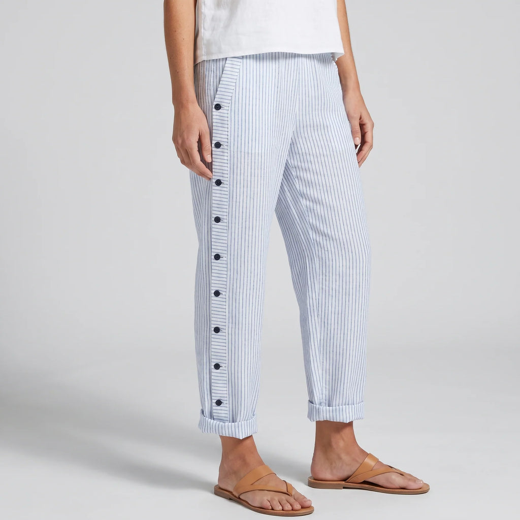 Striped Side Button Straight Leg Trousers