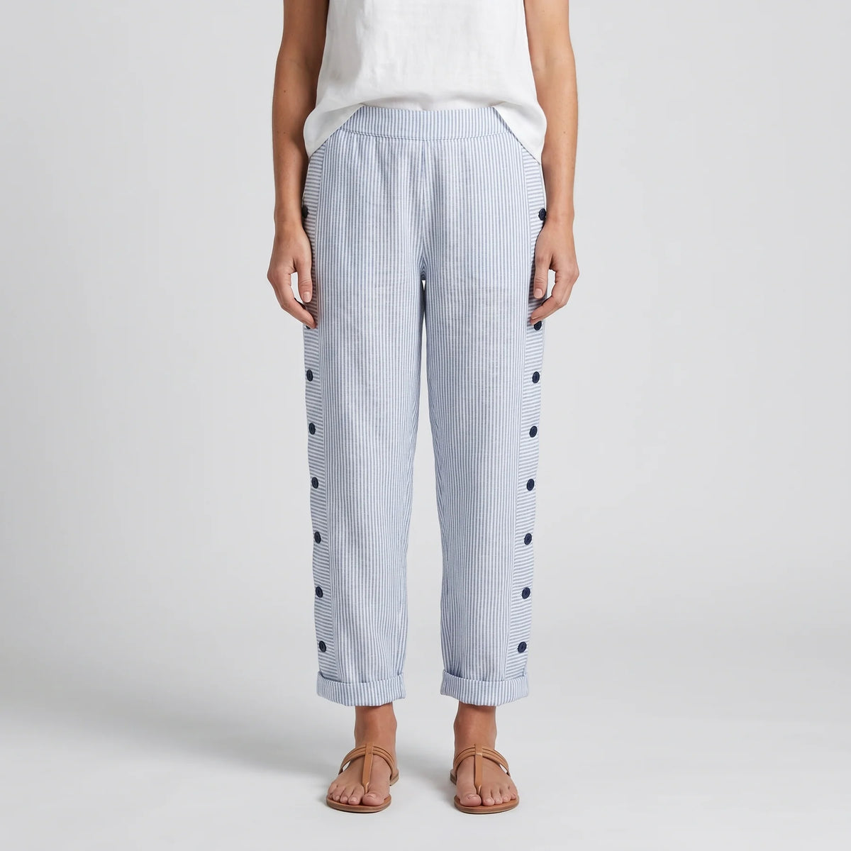 Striped Side Button Straight Leg Trousers