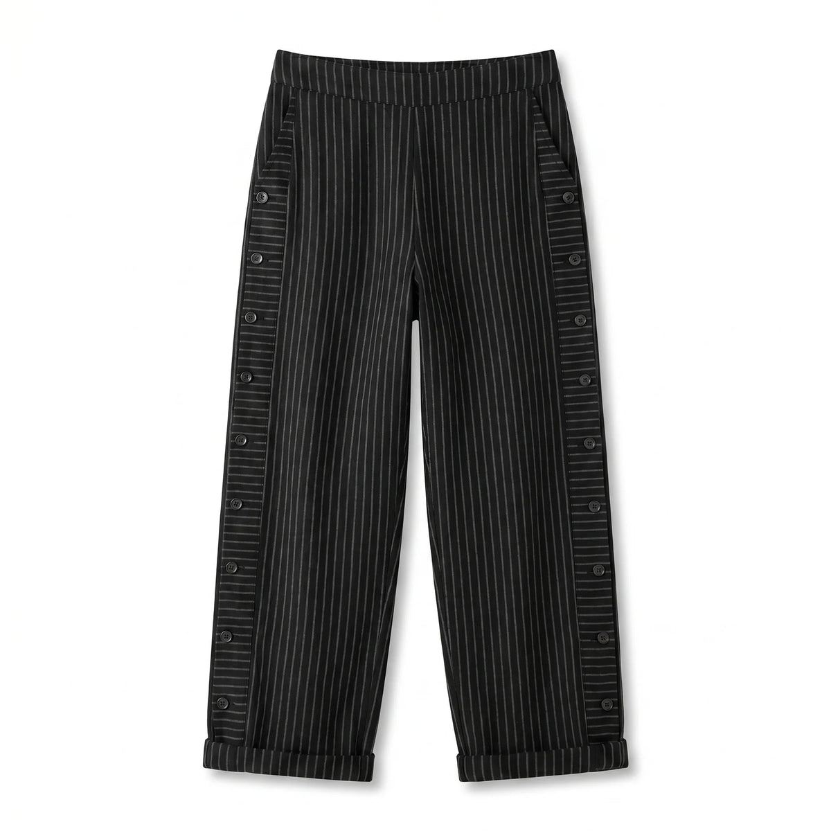 Striped Side Button Straight Leg Trousers