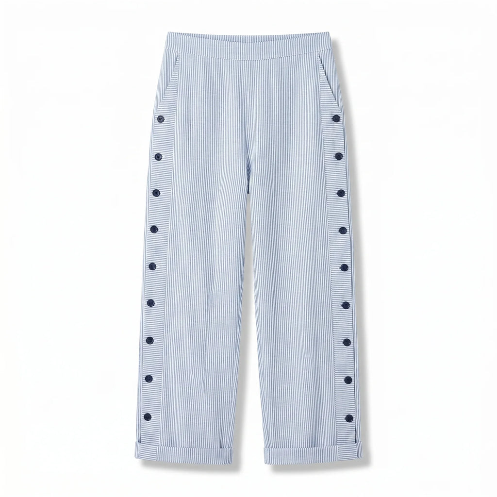 Striped Side Button Straight Leg Trousers