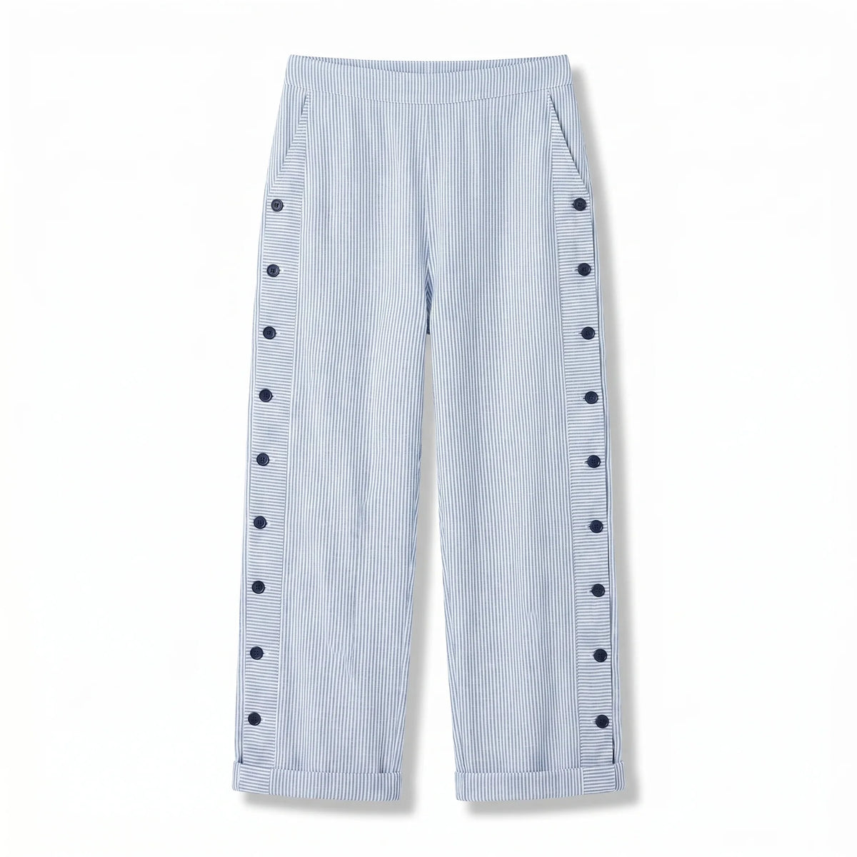 Striped Side Button Straight Leg Trousers